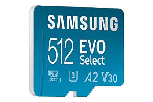 Samsung EVO Select 512GB, microSD, A2, V30, 130 MB/s, FHD, 4K UHD, tarjeta de memoria con adaptador para Smartphone, Tablet, Cámara de Acción, Drone o Notebook (MB-ME512KA)