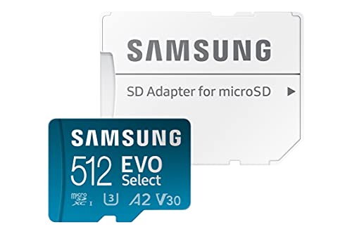 Samsung EVO Select 512GB, microSD, A2, V30, 130 MB/s, FHD, 4K UHD, tarjeta de memoria con adaptador para Smartphone, Tablet, Cámara de Acción, Drone o Notebook (MB-ME512KA)