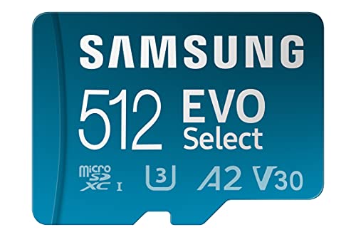 Samsung EVO Select 512GB, microSD, A2, V30, 130 MB/s, FHD, 4K UHD, tarjeta de memoria con adaptador para Smartphone, Tablet, Cámara de Acción, Drone o Notebook (MB-ME512KA)