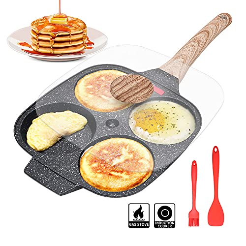 Sartén Tortitas, Sartén Huevos Poche de 4 Agujeros con Tapa Sartén Antiadherente de Aluminio para Desayuno Huevos Fritos Hamburguesas Panqueques, Para Estufas de Gas y Cocinas de Inducción