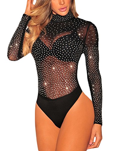 SEBOWEL Mujeres Sexy Body de Malla Transparente Diamante de Imitación Ver a Través de Leotardo de Manga Larga Mono Tops Blusa Ajustada Camiseta (S, Negro)