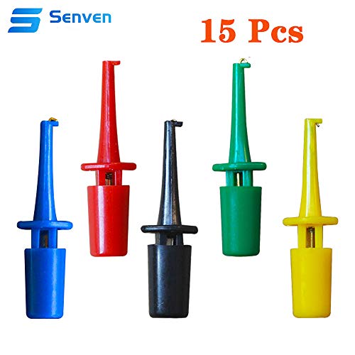 Senven 15pcs Multímetro Cable clip gancho plomo Mini conjunto sonda prueba electrónica, para herramienta de reparación, mini ic sonda grabber, rojo × 3 azul × 3 negro × 3 amarillo × 3 verde × 3.