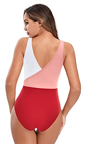 SHEKINI Mujer Traje de Baño de una Pieza Cuello de V Elegante Bikini Sport Chic Delgado Ajustable Bañador Bikini de Playa de Verano Swimwear (Rojo, S)