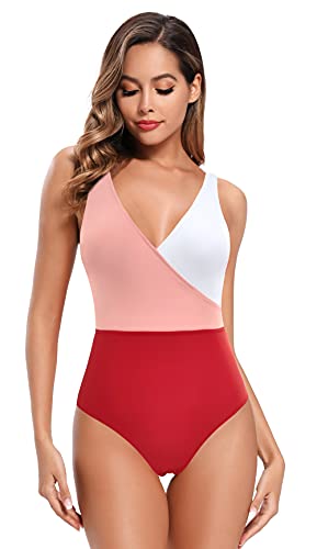 SHEKINI Mujer Traje de Baño de una Pieza Cuello de V Elegante Bikini Sport Chic Delgado Ajustable Bañador Bikini de Playa de Verano Swimwear (Rojo, S)