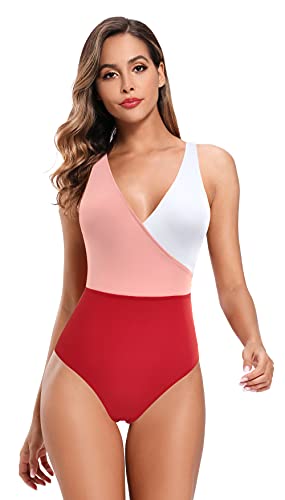 SHEKINI Mujer Traje de Baño de una Pieza Cuello de V Elegante Bikini Sport Chic Delgado Ajustable Bañador Bikini de Playa de Verano Swimwear (Rojo, S)