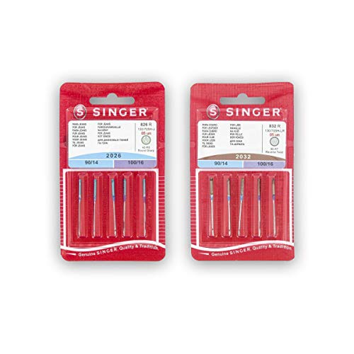 Singer Kit de 2 Paquetes de Agujas para Coser Cuero y Tejanos (826R + 832R) 2026 y 2032 130/705 H-J y H-LL (Universales, Planas de Un lado)