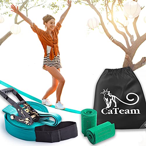 Slackline para entrenamiento de equilibrio 50 'con trinquete industrial resistente, banda protectora de árboles y bolsa de transporte de equipo - Slack Lines para patio trasero.