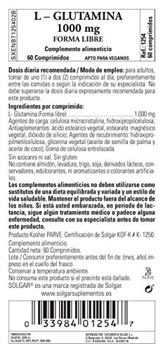 Solgar L-Glutamina 1000 Mg, Envase de 60 Comprimidos