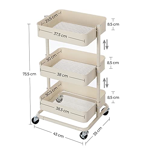 SONGMICS Carro de Almacenamiento de 3 Niveles, Estantería con Ruedas, con Estantes Ajustables en Altura, con 2 Frenos, Montaje Sencillo, para Baño, Cocina, Oficina, Blanco BSC60WT