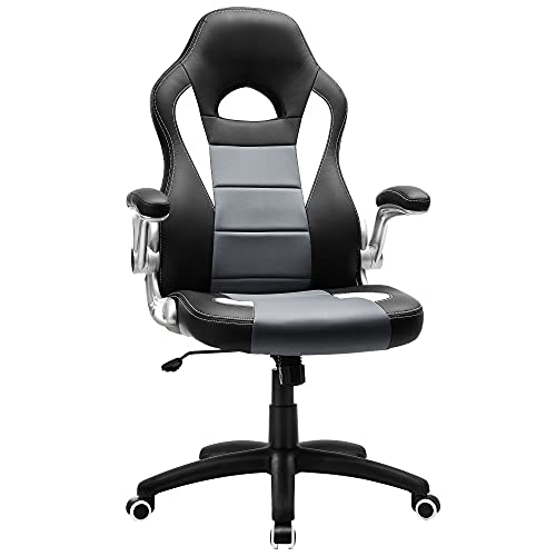 SONGMICS OBG28G Silla Racing, con Altura Ajustable, Apoyabrazos Abatibles, Mecanismo de Inclinación, Negro, Blanco y Gris