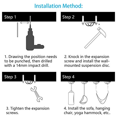 Soporte de Pared de Suspensión BIGKASI Entrenamiento en Suspensión Techo Fijación para Correas de Suspensión/Anillos de Gimnasia/Columpios de Yoga/Banda de Resistencia/Cuerda 4pcsTornillos con Tacos