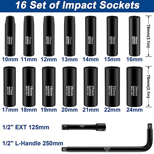 SORAKO Juego de llaves de vaso de impacto，juego de llaves de vaso profesionales de 1/2" de 16 piezas con extensiones de mango de llave en L para herramientas de reparación de máquinas grandes y más
