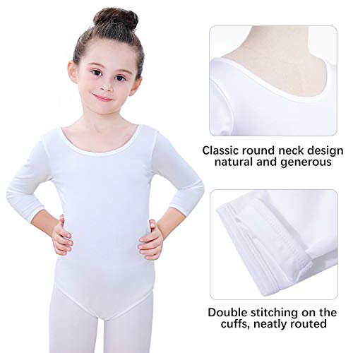 Soudittur Maillot de Ballet Danza Clásico para Niña Manga 3/4 Body Leotardo Gimnasia Ritmica (Blanco, Tag 100 (Height: 95-105 cm))