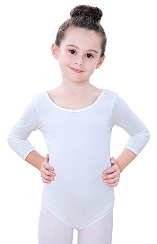 Soudittur Maillot de Ballet Danza Clásico para Niña Manga 3/4 Body Leotardo Gimnasia Ritmica (Blanco, Tag 100 (Height: 95-105 cm))