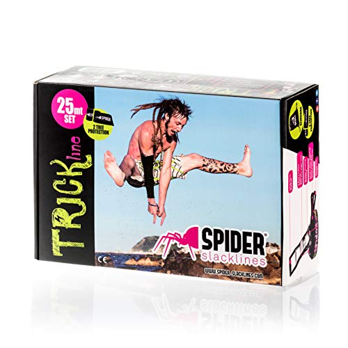 SPIDER SLACKLINE TKS03 - Slackline Kit Trick Line - Entrenamiento y Equilibrio, Caminata y Freestyle - Trinquete, Protector, Bolsa - para Principiantes y Slackliners Expertos - Longitud 25 m