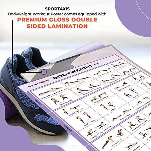 SPORTAXIS Póster de entrenamiento de peso corporal con 32 posturas de entrenamiento, laminado de doble cara, póster de ejercicio sin equipo para el hogar, entrenamiento de gimnasio (41,9 x 68,5 cm)