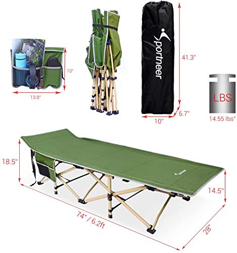 Sportneer Cama de Camping, Carga máxima 206 Kilos, 2 Grandes Bolsillos en los Laterales. Cama Plegable portátil con Bolsa de para Acampada, Playa, Senderismo, Viajes de mochilero, Oficina, Verde