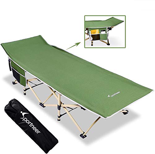 Sportneer Cama de Camping, Carga máxima 206 Kilos, 2 Grandes Bolsillos en los Laterales. Cama Plegable portátil con Bolsa de para Acampada, Playa, Senderismo, Viajes de mochilero, Oficina, Verde