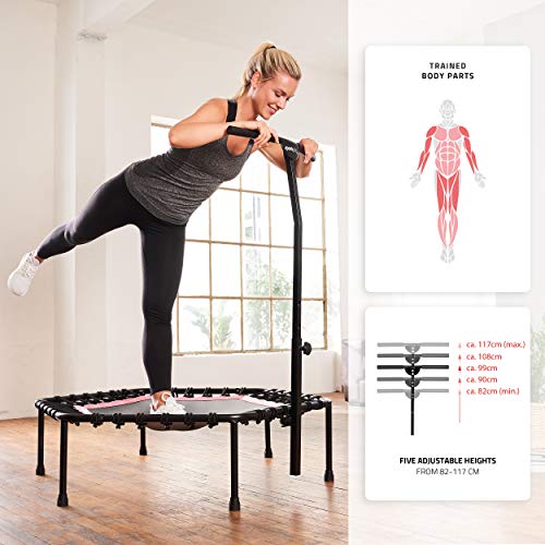 SportPlus Trampolín Fitness con Mango Regulable – Cama Elástica para Adultos – Ideal para Ejercicios en Casa - Carga Máxima de 130 Kg - Diámetro 110 cm