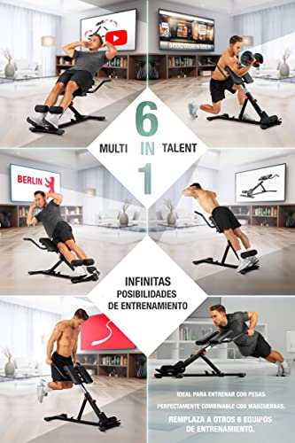 Sportstech BRT150 Entrenador de Espalda y Abdomen 6en1- ergonómico y Ajustable; Sistema único de Bloqueo y fácil de Plegar, diseño Antideslizante, Banco de Pesas + fijación de Pierna Adaptable