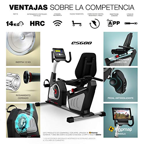 Sportstech ES600 Bicicleta Estática Reclinada Profesional -Marca de Calidad Alemana -Eventos en Directo y App multijugador, Suministro eléctrico autónomo + HRC+ Opcional con Correa de Pulso