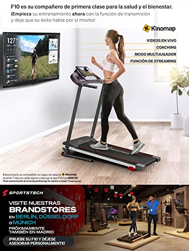 Sportstech F10 Cinta de Correr Modelo 2021 - Marca Alemana de Calidad + Video Eventos y App multijugador - Nueva Consola - | 1HP a 10 km/h | Cinta de Andar con 13 programas, inclinable + Plegable