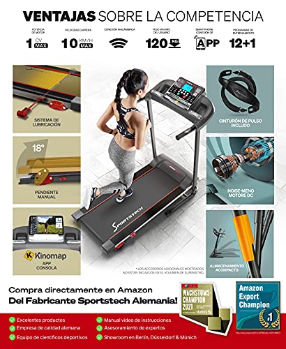 Sportstech F10 Cinta de Correr Modelo 2021 - Marca Alemana de Calidad + Video Eventos y App multijugador - Nueva Consola - | 1HP a 10 km/h | Cinta de Andar con 13 programas, inclinable + Plegable