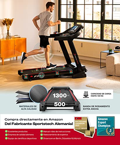 Sportstech F37 Cinta de Correr Profesional -Marca Alemana de Calidad- Video Eventos y App multijugador, 7hp a 20 km/h+Sistema lubricación, Plegable, TÜV/GS, Pulsómetro Incl, Altavoces, hasta 150kg