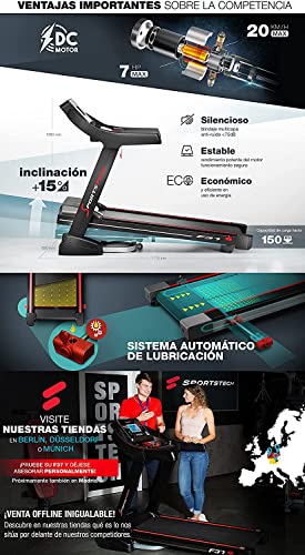 Sportstech F37 Cinta de Correr Profesional -Marca Alemana de Calidad- Video Eventos y App multijugador, 7hp a 20 km/h+Sistema lubricación, Plegable, TÜV/GS, Pulsómetro Incl, Altavoces, hasta 150kg