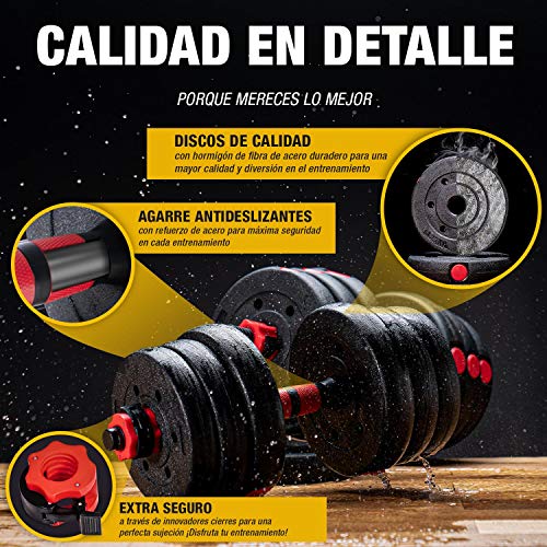 Sportstech Juego de Mancuernas innovadoras 2en1 AH150 | Mancuernas y Pesas | Set de Mancuernas de 20kg, 30kg y 40kg| Cierre de Seguridad + Conector Extra Largo 400mm | Fitness para Hombres y Mujeres