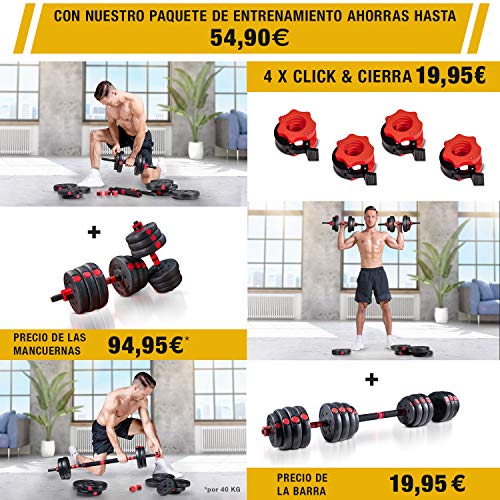 Sportstech Juego de Mancuernas innovadoras 2en1 AH150 | Mancuernas y Pesas | Set de Mancuernas de 20kg, 30kg y 40kg| Cierre de Seguridad + Conector Extra Largo 400mm | Fitness para Hombres y Mujeres