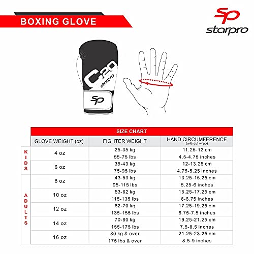 Starpro C20 Guantes de Boxeo de Cuero PU para Entrenamiento Sparring en Muay Thai Kickboxing Fitness - Hombres y Mujeres - Negro y Blanco - 8oz 10oz 12oz 14oz 16oz