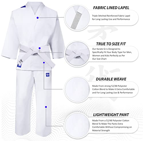 Starpro Karate Gi - Uniforme Profesional para Entrenamiento y competición - Kimono Karate de algodón Ligero Blanco con cinturón - Hombres Mujeres y Niños - 110-190 cm - Brillante Blanco