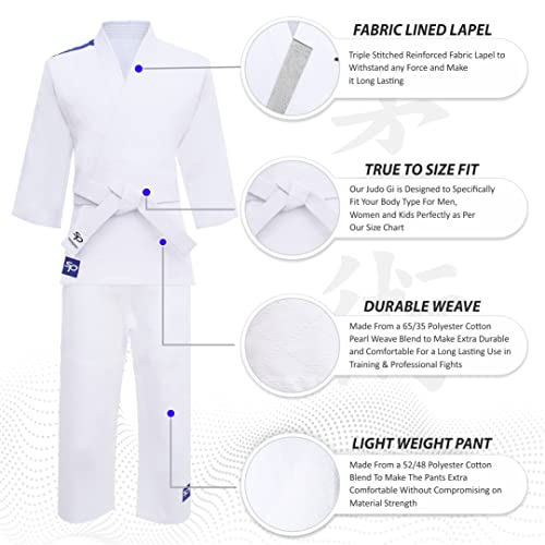 Starpro Kimono Judo de algódon Premium - Judogi Profesional para Entrenamiento y competición- Cinturón blanco libre -Hombres Mujeres Niños- 110-190 cm - Blanco y Azul