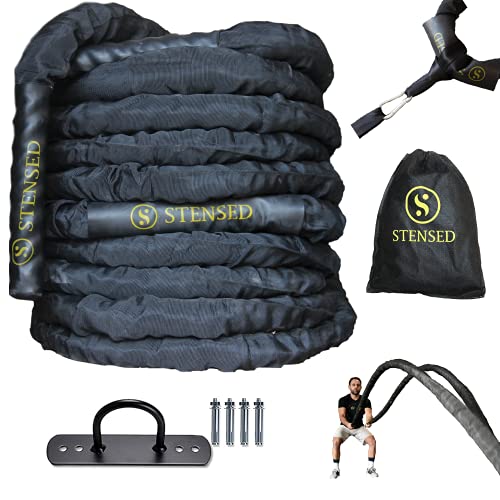 STENSED Battle Rope - Cuerda de Batalla con Kit de Correa de Anclaje 100% poliéster Dacron 9/12/15m 38/50 de diámetro Ideal para Crossfit Musculación, Entrenamiento Cardio (5CM*9M.Lenght)