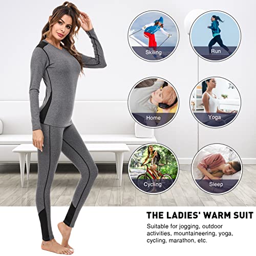 Sykooria Conjuntos Térmicos para Mujer Ropa Interior Deporte Térmica de Invierno Camiseta Manga Larga y Leggins Esquí Correr Fitness Ciclismo - Gris-Negro L