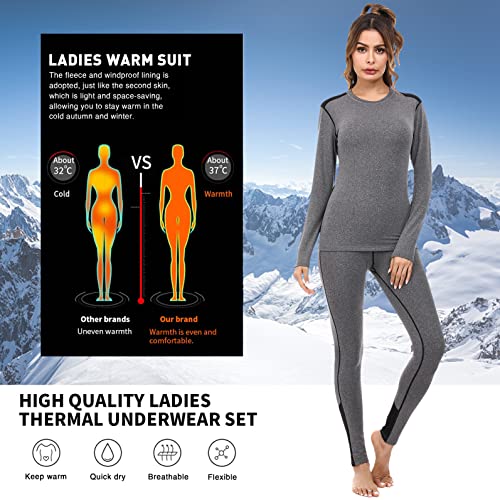 Sykooria Conjuntos Térmicos para Mujer Ropa Interior Deporte Térmica de Invierno Camiseta Manga Larga y Leggins Esquí Correr Fitness Ciclismo - Gris-Negro L