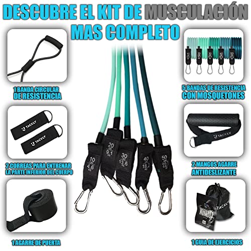 TACKLY Gomas elásticas musculación hasta 150 LB / 68kg con Accesorios Ejercicio Fitness - Kit Gym en casa con 5 Niveles Bandas elasticas de Resistencia - Cintas / Cuerdas elásticas Deporte hogar