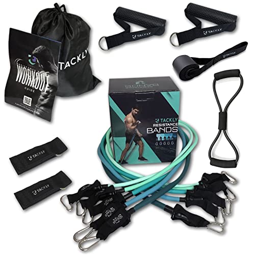 TACKLY Gomas elásticas musculación hasta 150 LB / 68kg con Accesorios Ejercicio Fitness - Kit Gym en casa con 5 Niveles Bandas elasticas de Resistencia - Cintas / Cuerdas elásticas Deporte hogar