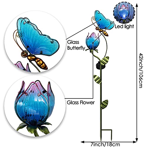 TERESA'S COLLECTIONS Luces Solares Adornos de Jardín, LED Decoracion de Jardin de Metal Decorativo Estaca de Jardín de Placa de Mariposa y Flor para Exteriores, Patio Trasero