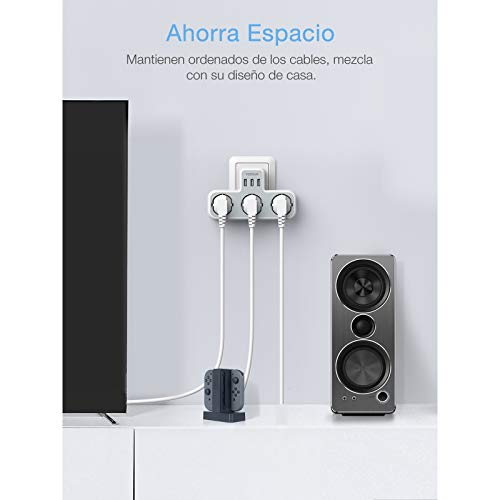 TESSAN Ladron Enchufes USB, Enchufe Múltiple USB con 3 Enchufes Schuko 3 Puertos USB, Adaptador Enchufe USB Pared para Oficina, Cocina, Compatible con Móviles, Enchufe Triple USB Pared Blanco y Gris