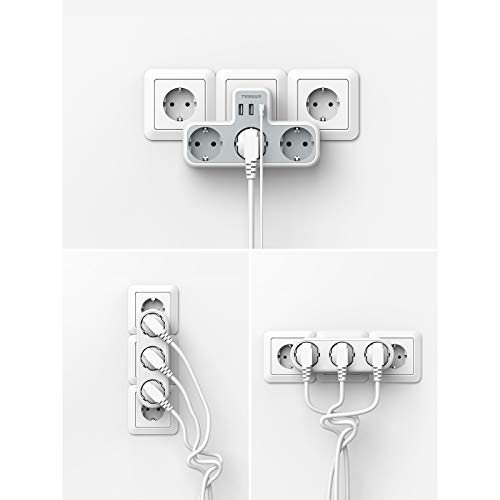 TESSAN Ladron Enchufes USB, Enchufe Múltiple USB con 3 Enchufes Schuko 3 Puertos USB, Adaptador Enchufe USB Pared para Oficina, Cocina, Compatible con Móviles, Enchufe Triple USB Pared Blanco y Gris