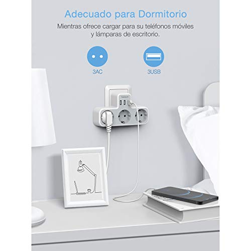 TESSAN Ladron Enchufes USB, Enchufe Múltiple USB con 3 Enchufes Schuko 3 Puertos USB, Adaptador Enchufe USB Pared para Oficina, Cocina, Compatible con Móviles, Enchufe Triple USB Pared Blanco y Gris