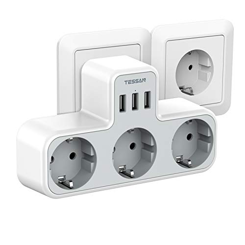 TESSAN Ladron Enchufes USB, Enchufe Múltiple USB con 3 Enchufes Schuko 3 Puertos USB, Adaptador Enchufe USB Pared para Oficina, Cocina, Compatible con Móviles, Enchufe Triple USB Pared Blanco y Gris