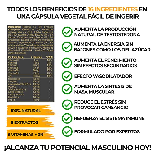 Testosterona Hombre | Fuerza · Energía · Resistencia | 16 Ingredientes | 120 Cápsulas | Maca + Tribulus Terrestris + Ginkgo Biloba + Ashwaganda + Vitaminas