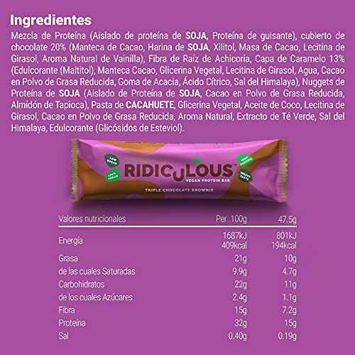 THE PROTEIN WORKS Barrita Proteica Vegana Ridiculous | 100% A Base de Plantas | Sin Aceite de Palma | 15g Proteína y Baja en Azúcar | Triple Chocolate Brownie | Caja de 9