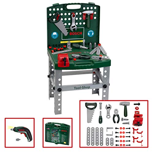 Theo Klein 8676 Banco de trabajo Bosch, Con destornillador eléctrico Ixolino de Bosch a pilas, Plegable y fácil de transportar, Medidas: 41.5 cm x 8.5 cm 76.5 cm, Juguete para niños a partir de 3 años