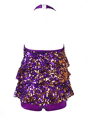 TiaoBug Niñas Vestido de Danza de Latina Jazz Hip Hop Vestido de Baile de Lentejuelas para Niñas Chicas Traje de Vestido de Baile Brillante 5-14 Años Morado 13-14 años