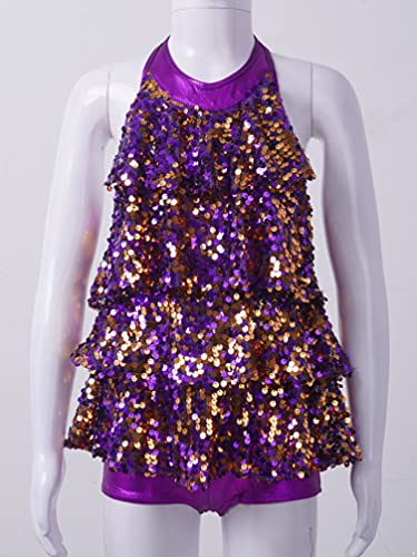 TiaoBug Niñas Vestido de Danza de Latina Jazz Hip Hop Vestido de Baile de Lentejuelas para Niñas Chicas Traje de Vestido de Baile Brillante 5-14 Años Morado 13-14 años