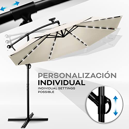 tillvex 300 cm Sombrilla Excentrico con 32 Luces LED Solar | Parasol para Terraza Jardín Balcón Patio | con Manivela y Base en Cruz, giratorio 360º, Protección UV